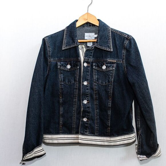 Calvin Klein Jeans Denim Jacket M  hand decorated with striped fabric trim - Picture 1 of 10